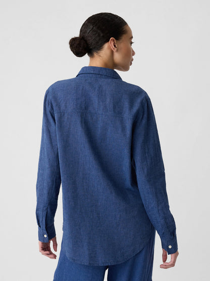Denim Mavi Keten Karışımı Easy Gömlek