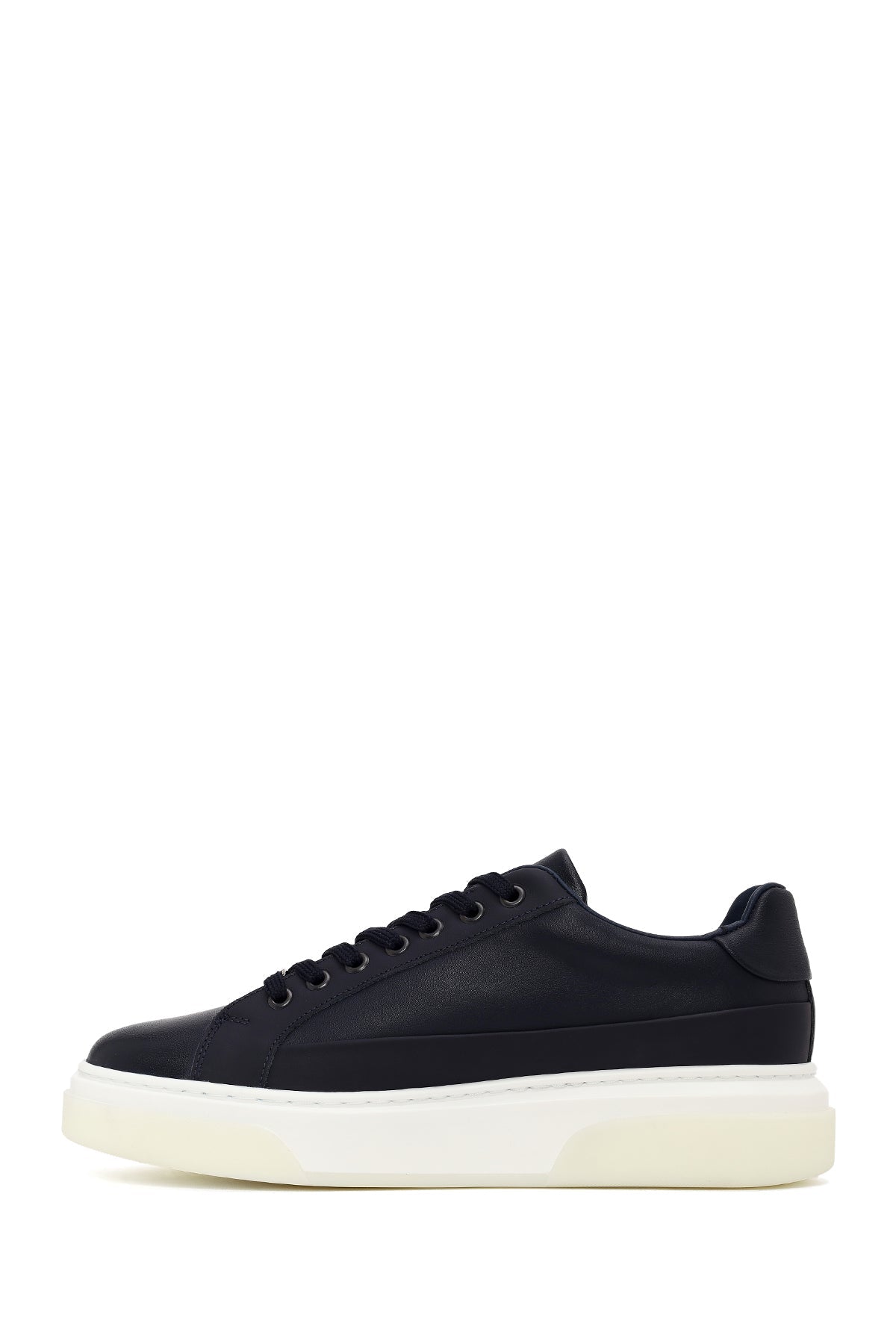 Erkek Lacivert Bağcıklı Kalın Tabanlı Deri Sneaker