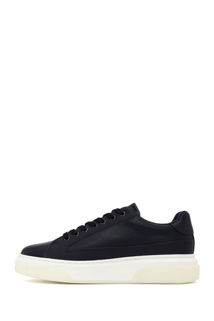 Erkek Lacivert Bağcıklı Kalın Tabanlı Deri Sneaker