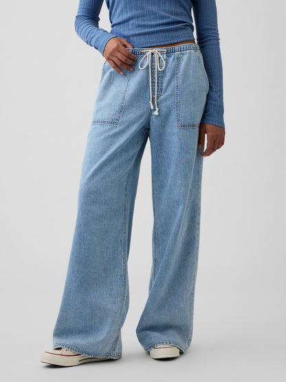 Açık Mavi Mid Rise Pull-on Süper Hafif Wide-leg Jean Pantolon