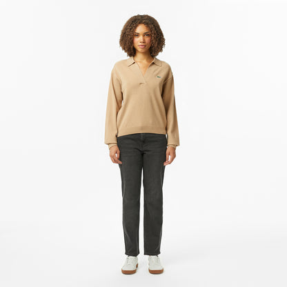 Lacoste Kadın Classic Fit Polo Yaka Bej Kazak