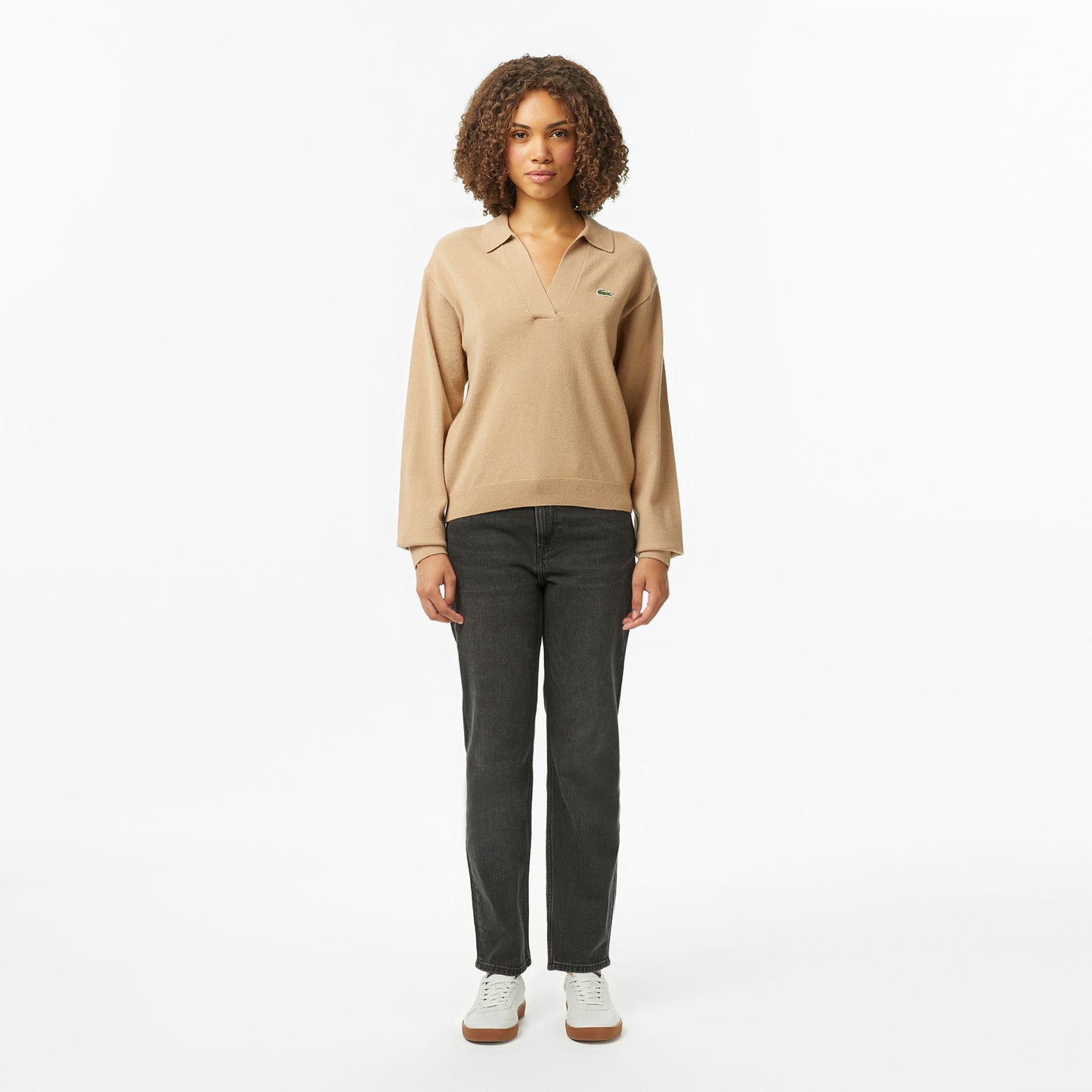 Lacoste Kadın Classic Fit Polo Yaka Bej Kazak