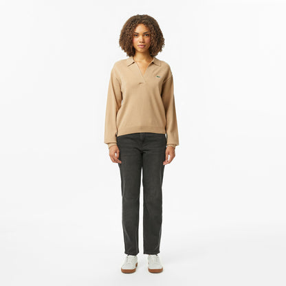 Lacoste Kadın Classic Fit Polo Yaka Bej Kazak