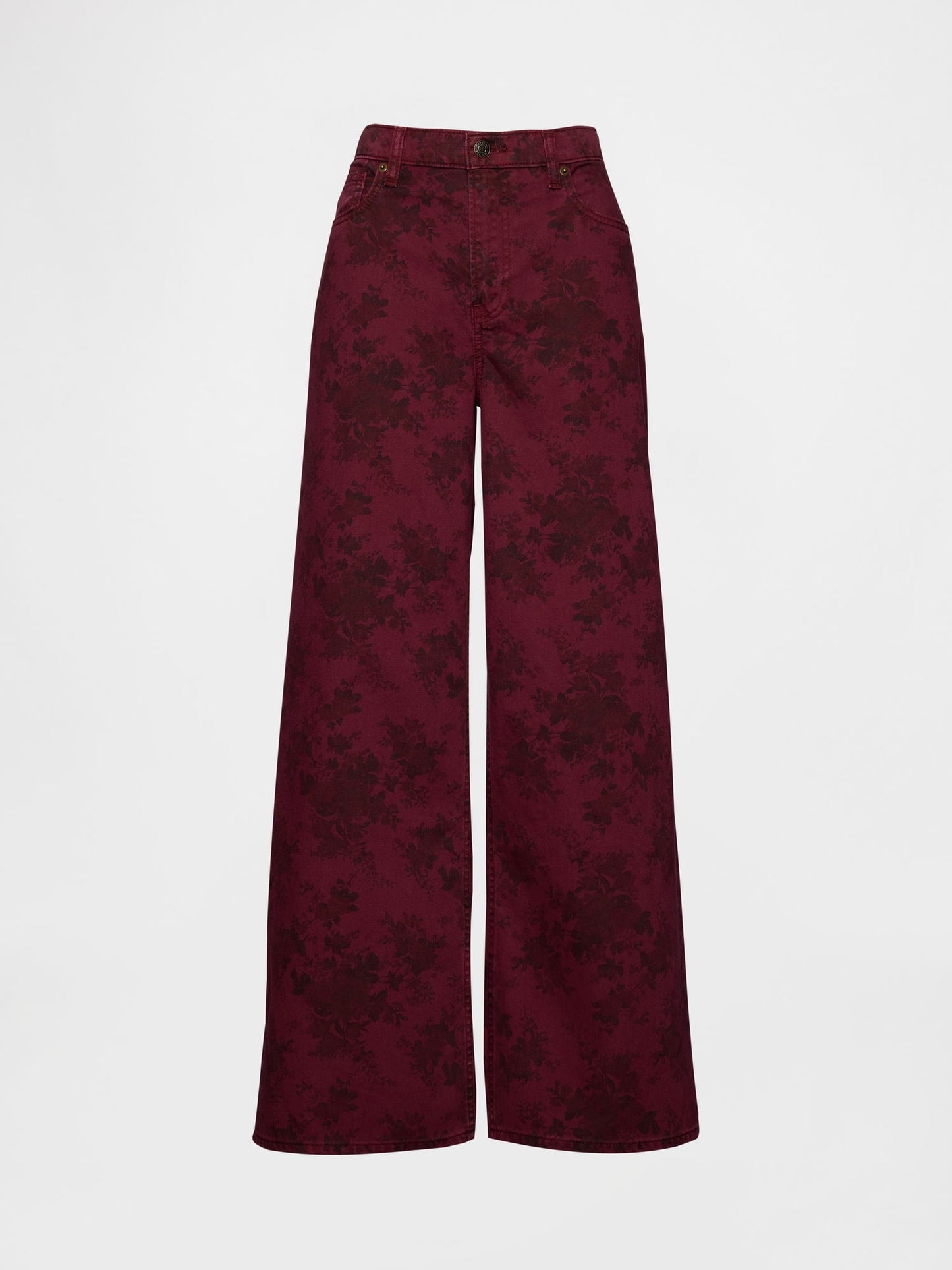 Bordo Mid Rise Çiçekli Baggy Jean Pantolon