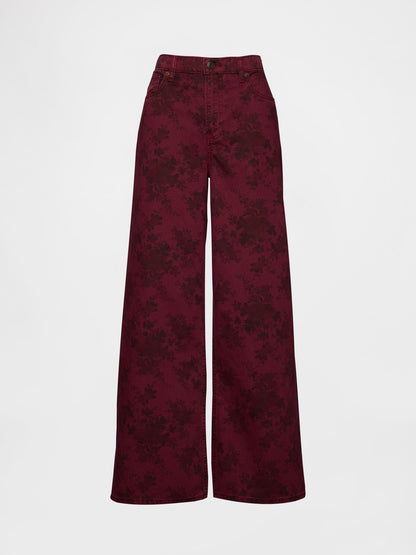 Bordo Mid Rise Çiçekli Baggy Jean Pantolon