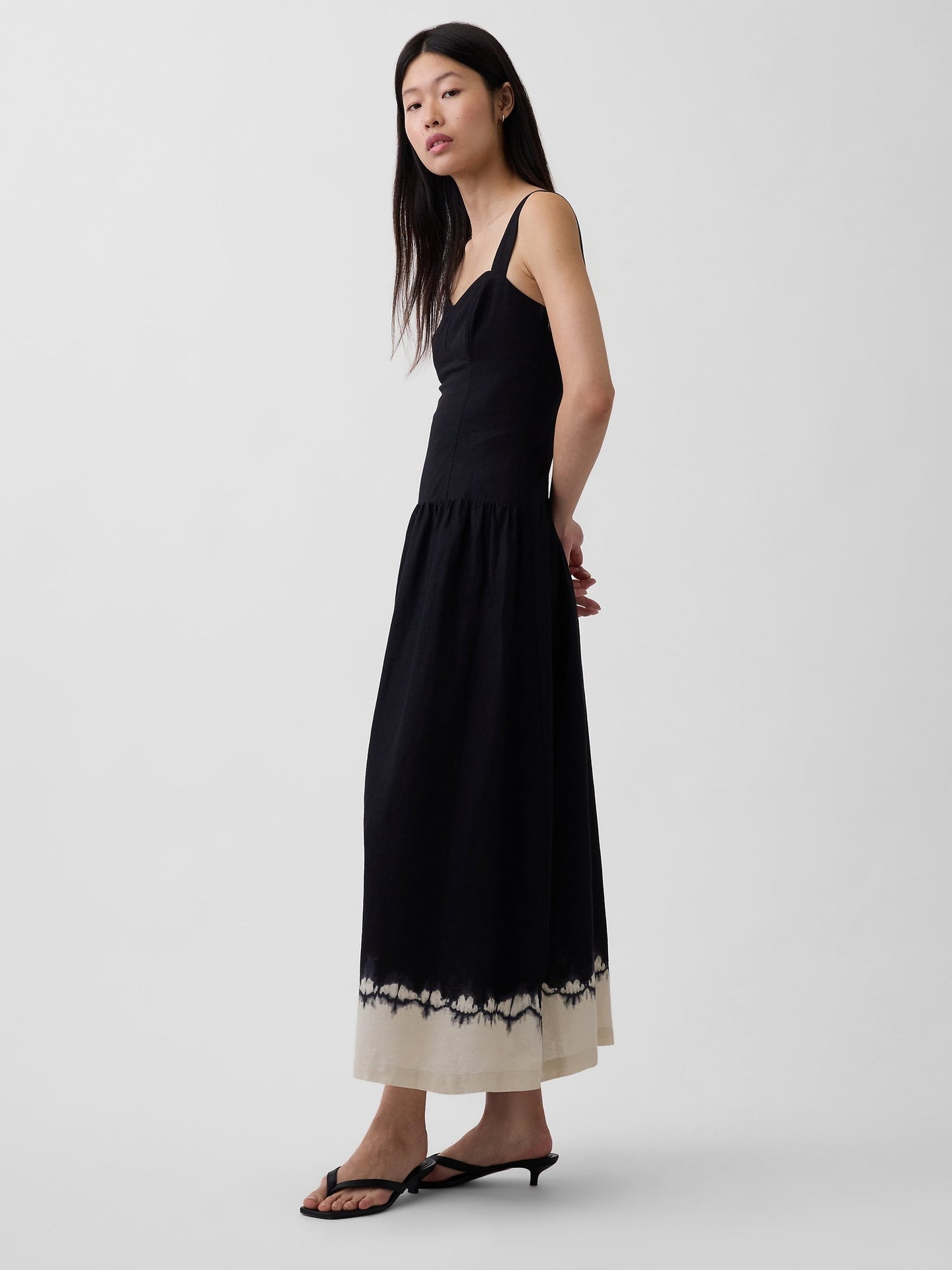 Siyah Keten Karışımı Drop-waist Korse Maxi Elbise