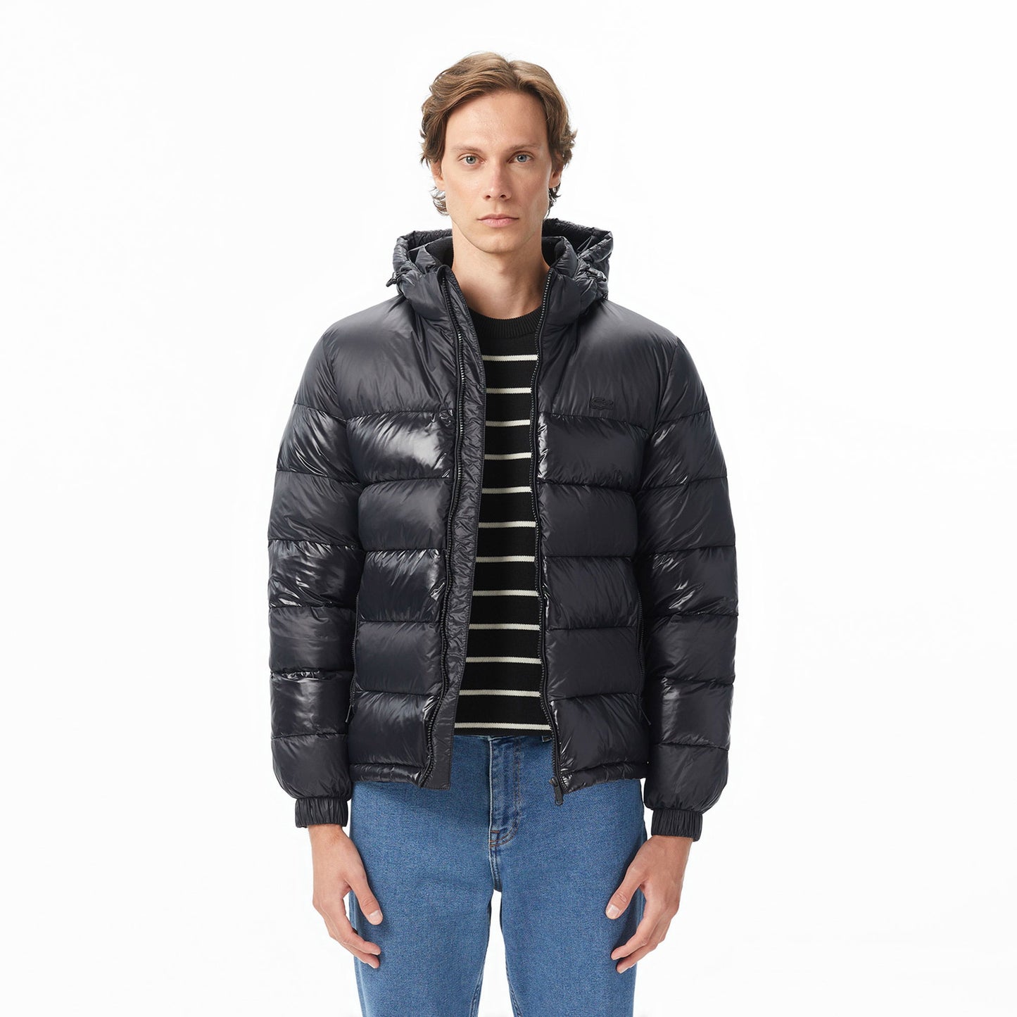 Lacoste Erkek Kapüşonlu Çizgili Siyah Mont