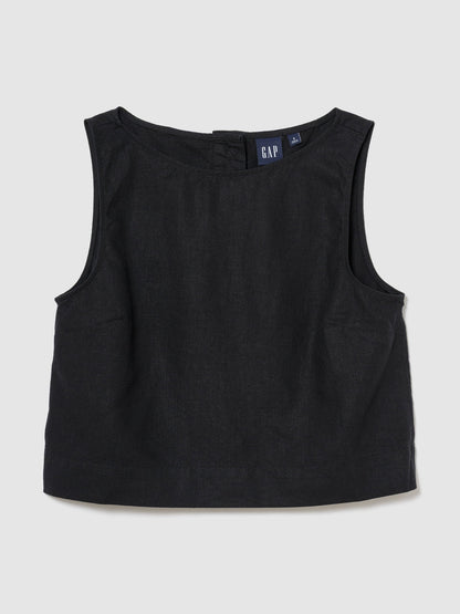 Beyaz Keten Karışımlı Crop Shell Kolsuz Bluz