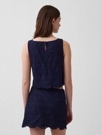 Lacivert Eyelet Crop Shell Askılı Bluz