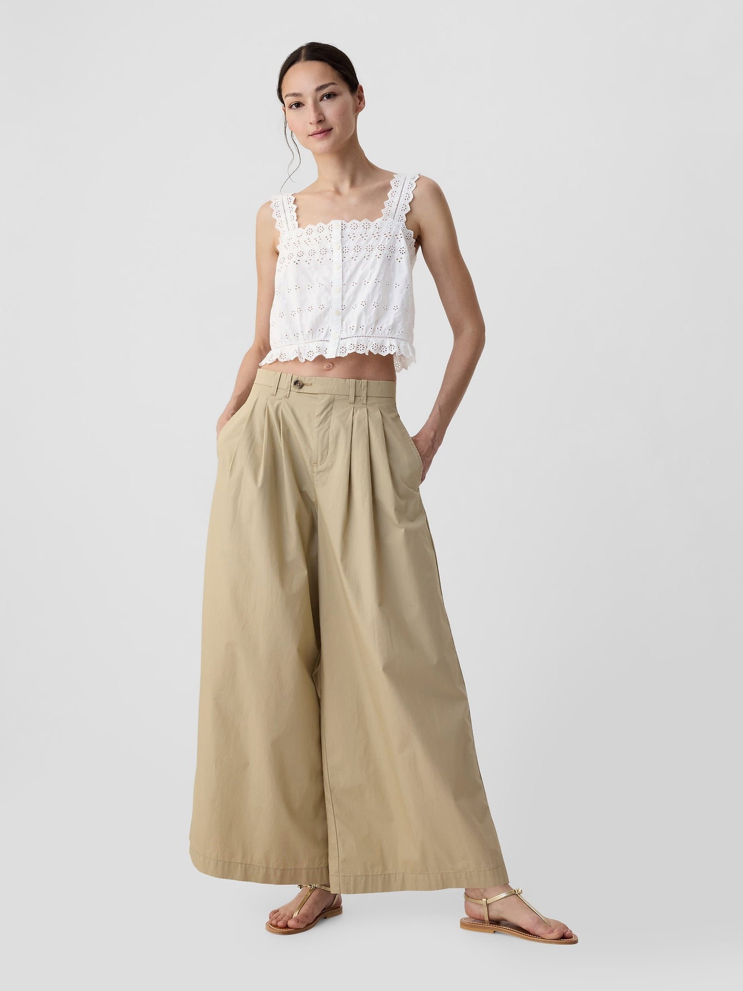Bej Gap × Dôen High Rise Wide Leg Khaki Pantolon
