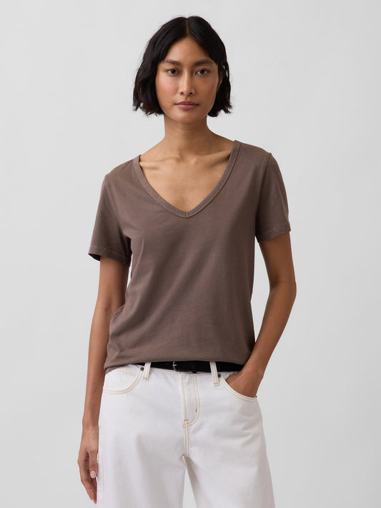 Kahverengi Organik Pamuk Vintagesoft V-yaka T-shirt