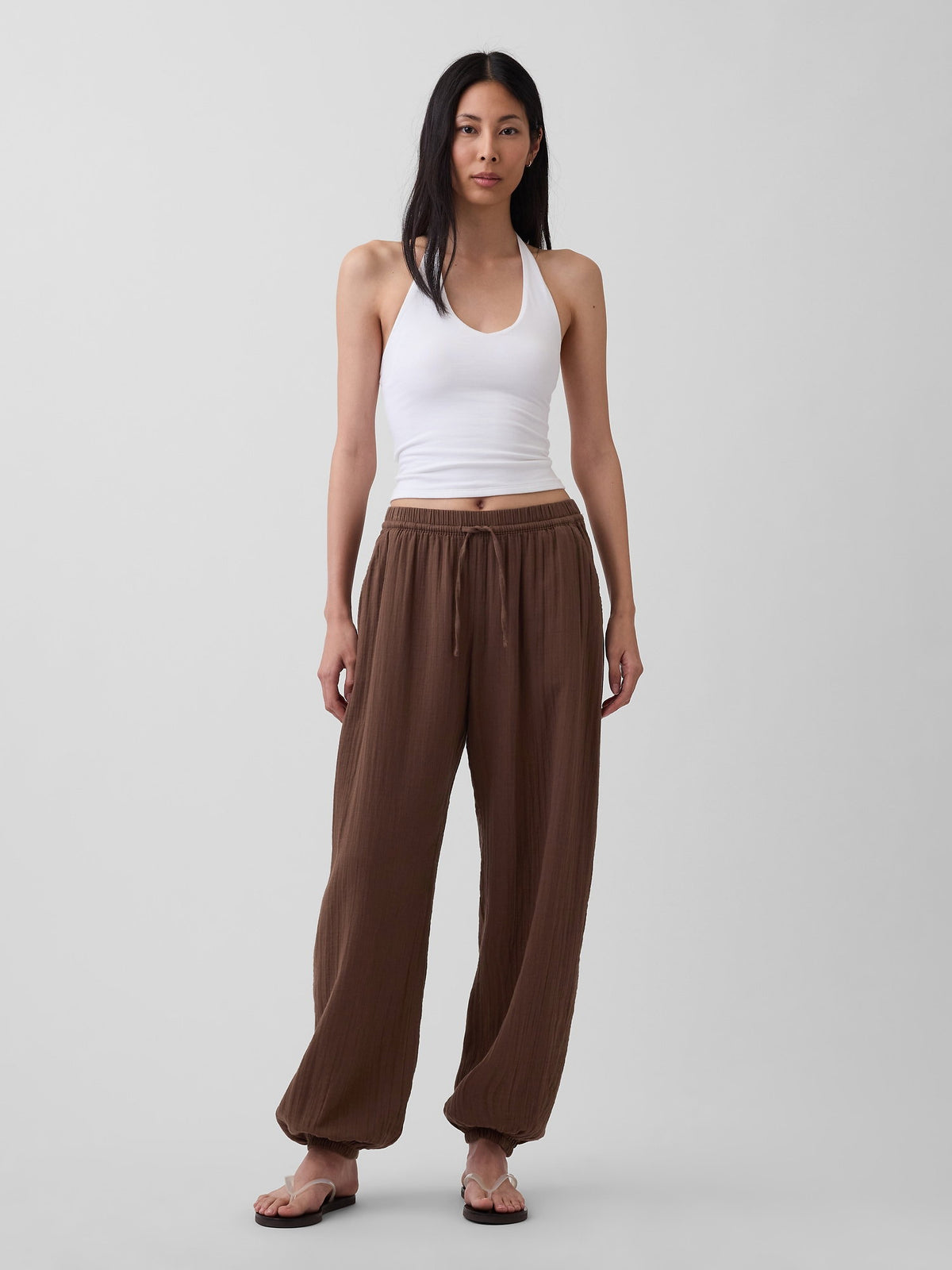 Kahverengi Pamuk Gauze Barrel Jogger Pantolon