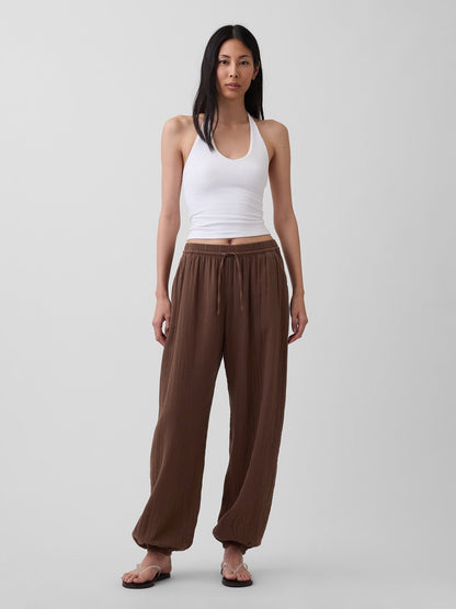 Kahverengi Pamuk Gauze Barrel Jogger Pantolon