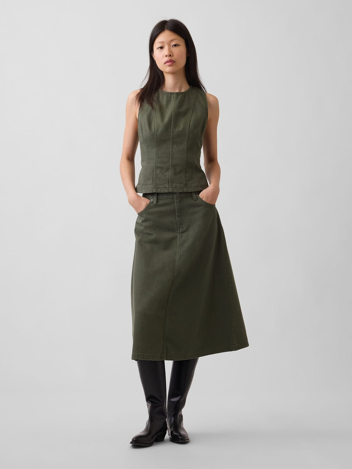 Haki Twill Midi Etek
