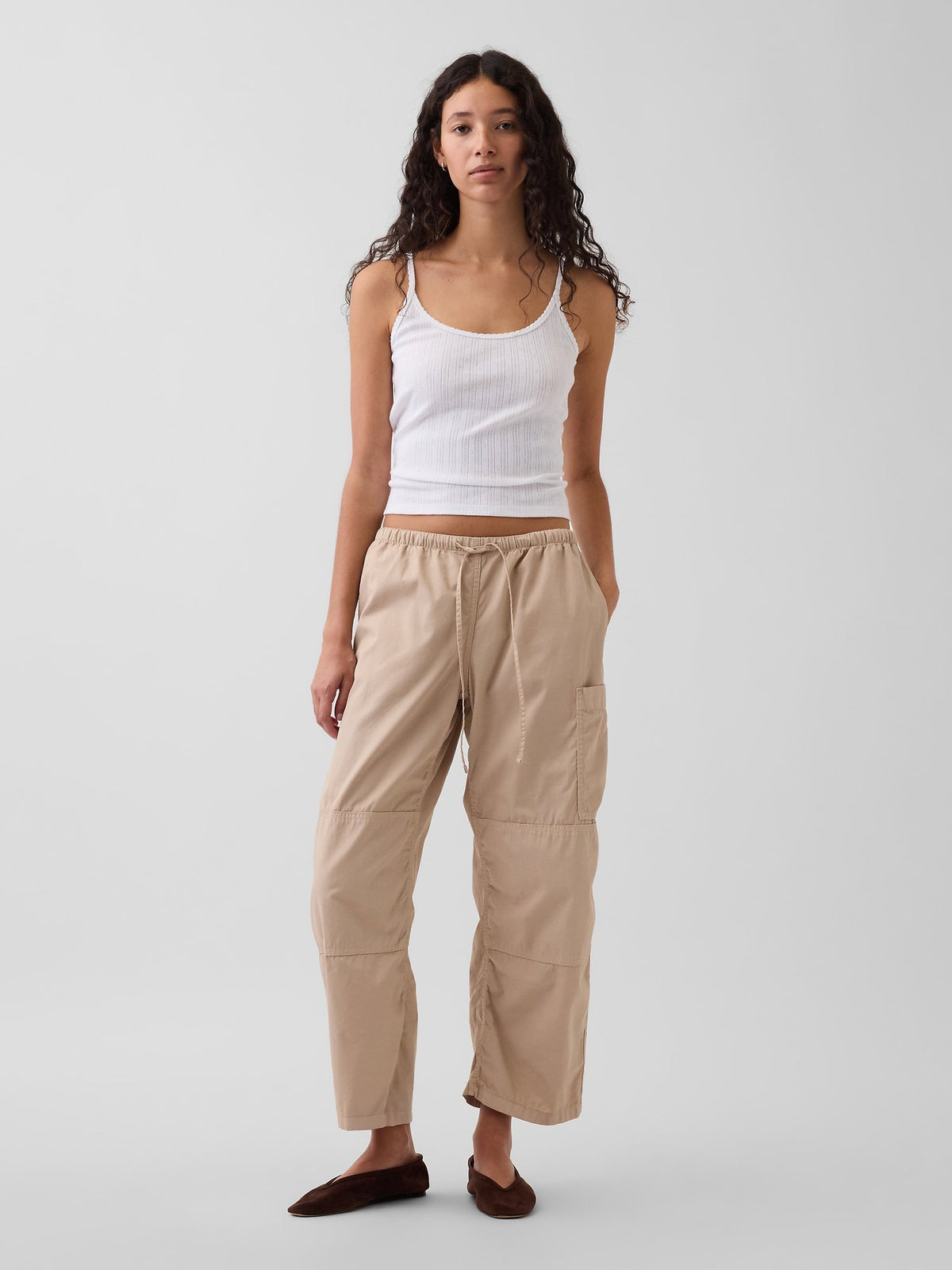 Bej Mid Rise Twill Easy Barrel Utility Pantolon