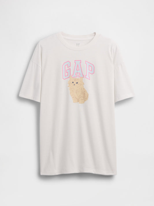 Beyaz Geri Dönüştürülmüş Oversized Grafik Logo Pijama T-shirt