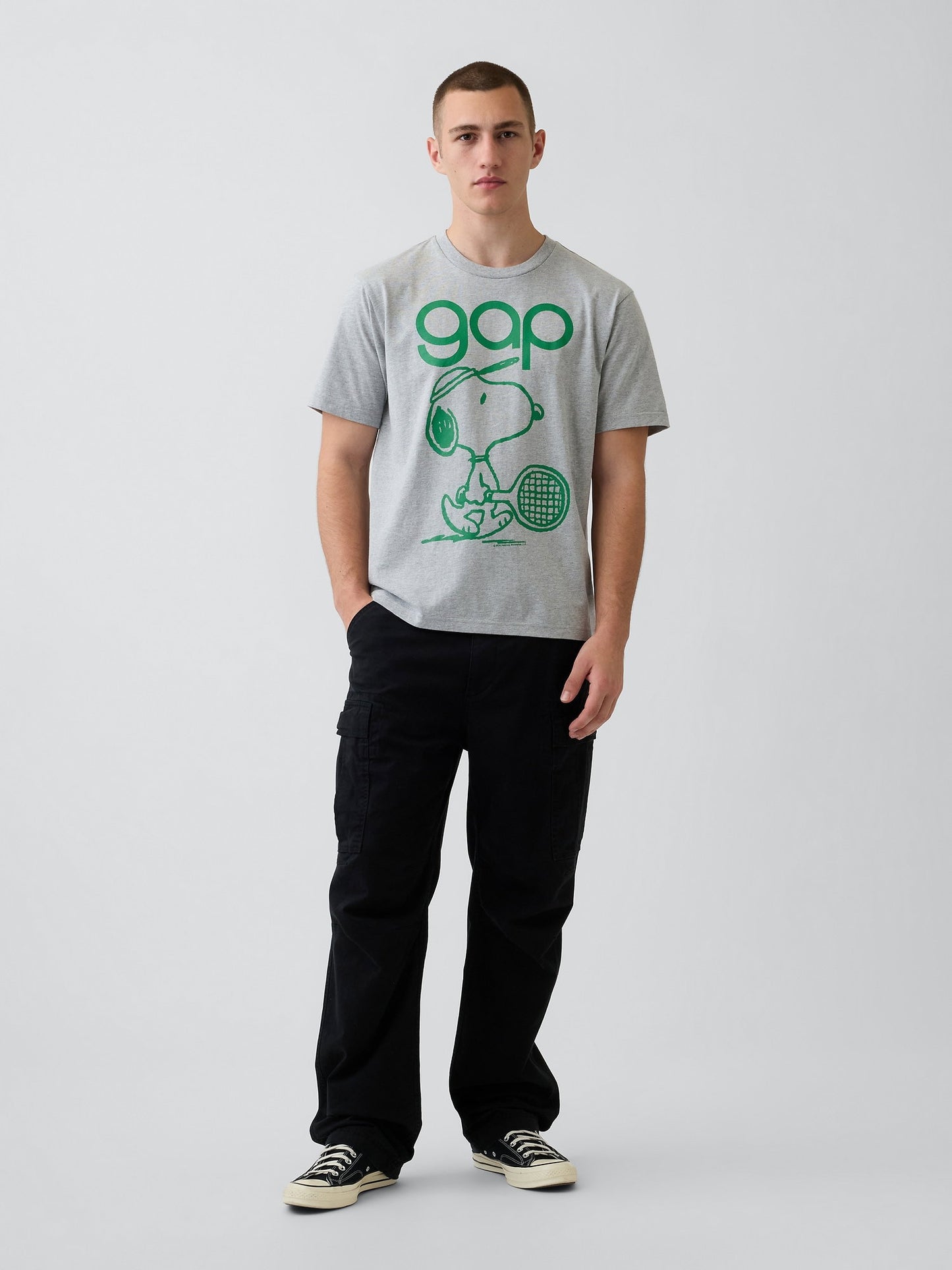 Gri Snoopy Logo Relaxed Grafik Baskılı T-shirt
