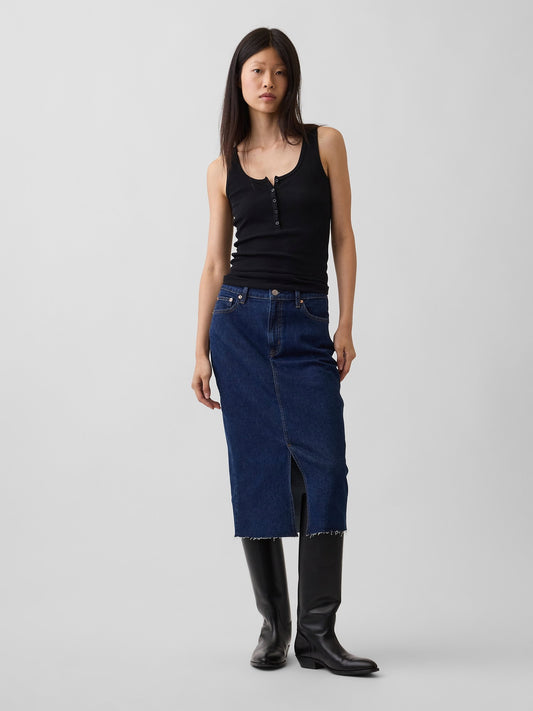 Koyu Mavi Denim Midi Kalem Etek