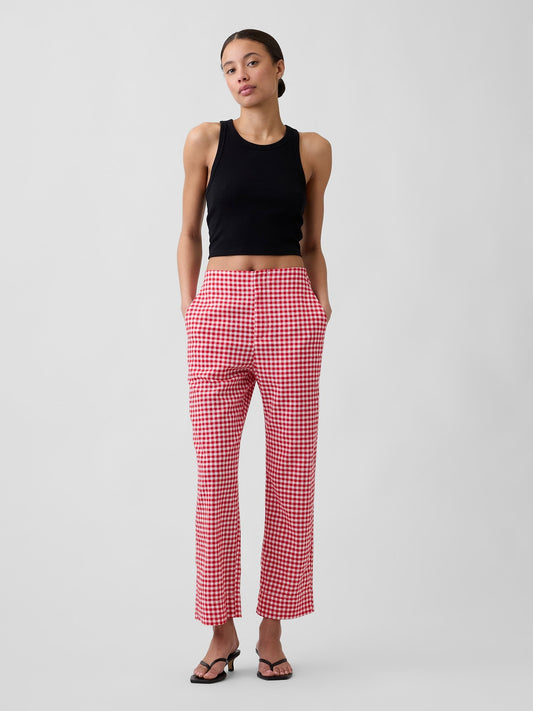 Kırmızı High Rise Keten Karışımlı Straight Crop Pantolon