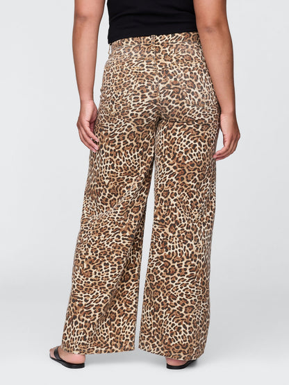 Kahverengi Mid Rise Ultrasoft Leopar Baggy Jean Pantolon