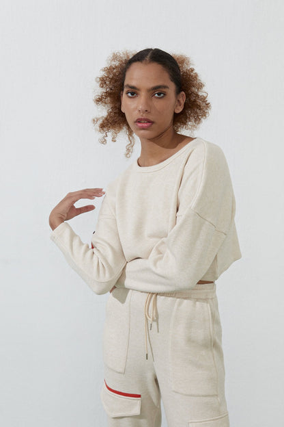 Ekru Basic Kısa Sweatshirt