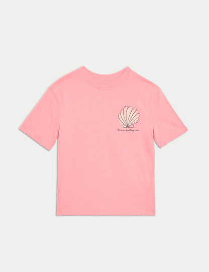 ?saf Pamuklu Deniz Kabuğu Yazılı T-shirt (2–8 Yaş)?