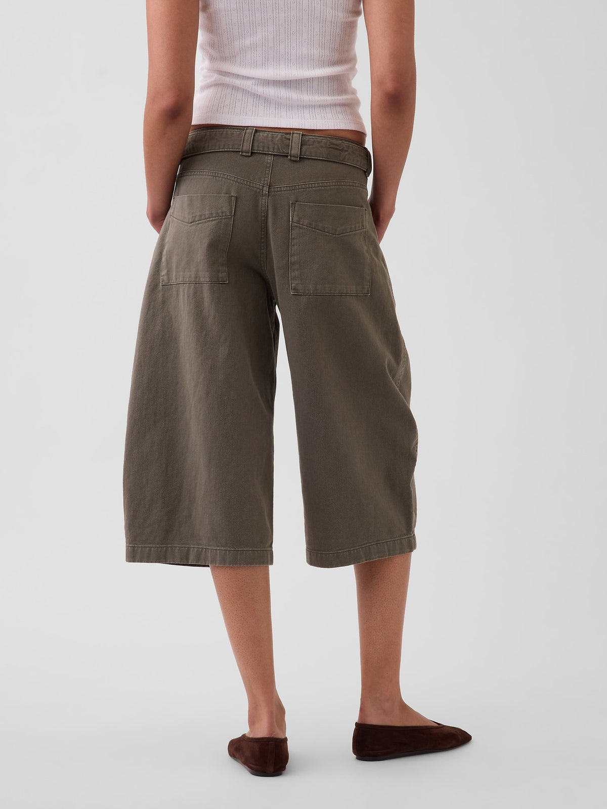 Haki Mid Rise Kemerli Culotte Barrel Pantolon