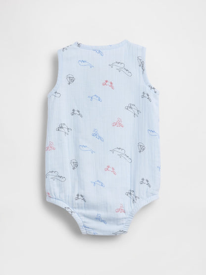 Mavi Pamuk Gauze Henley Cepli Kolsuz Bodysuit