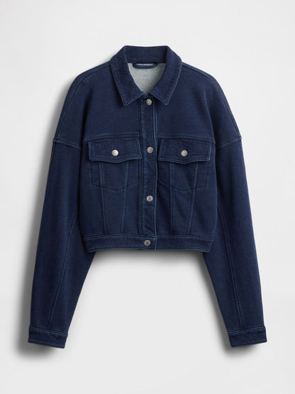 Koyu Mavi Fransız Havlu Kumaş Crop Icon Denim Ceket