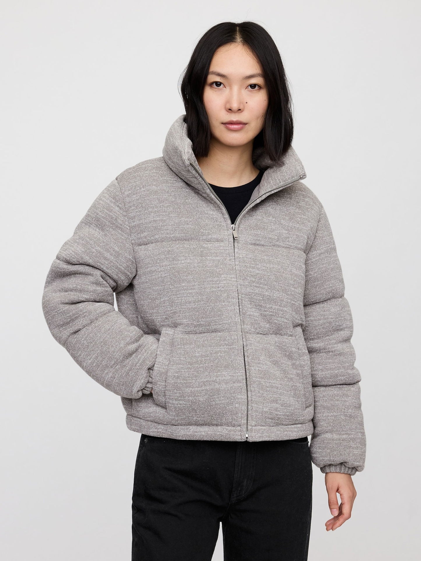 Gri Relaxed Crop Puffer Şişme Mont