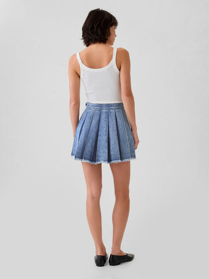 Mavi Pileli Denim Mini Etek