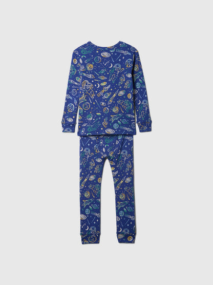 Mavi %100 Organik Pamuk Desenli Pijama Takımı
