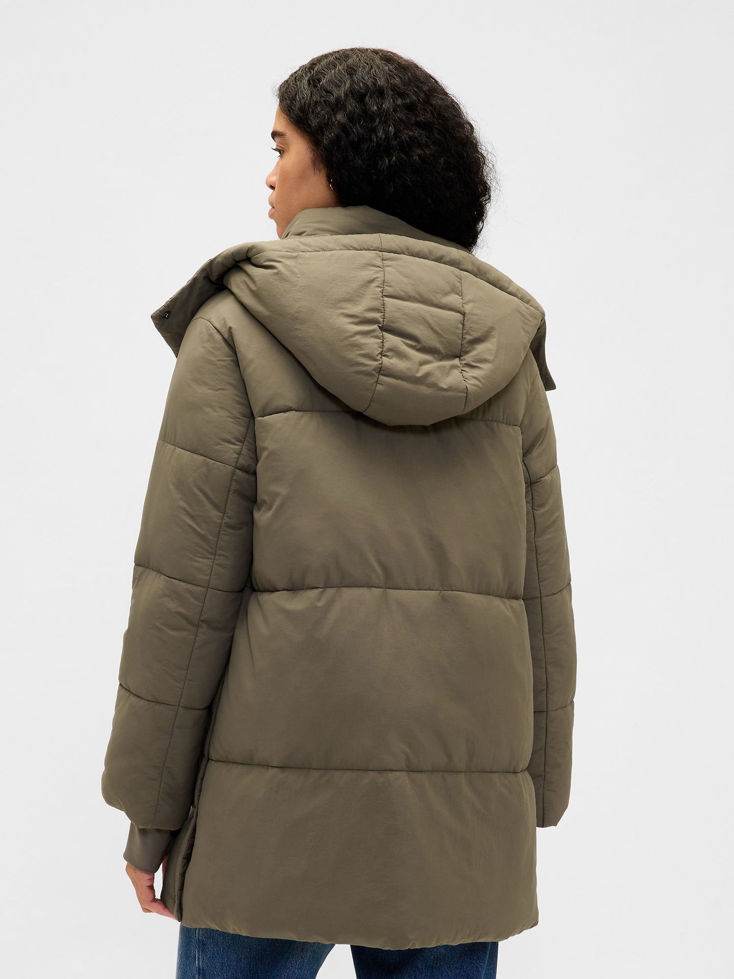 Haki Faux Fur-trim Midi Puffer Şişme Mont