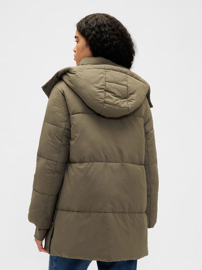 Haki Faux Fur-trim Midi Puffer Şişme Mont