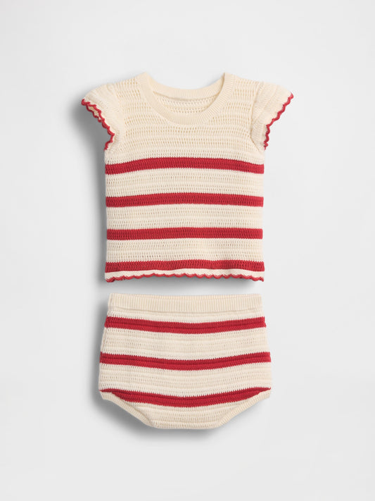 Kırmızı Baby Crochet Stripe Outfit Set