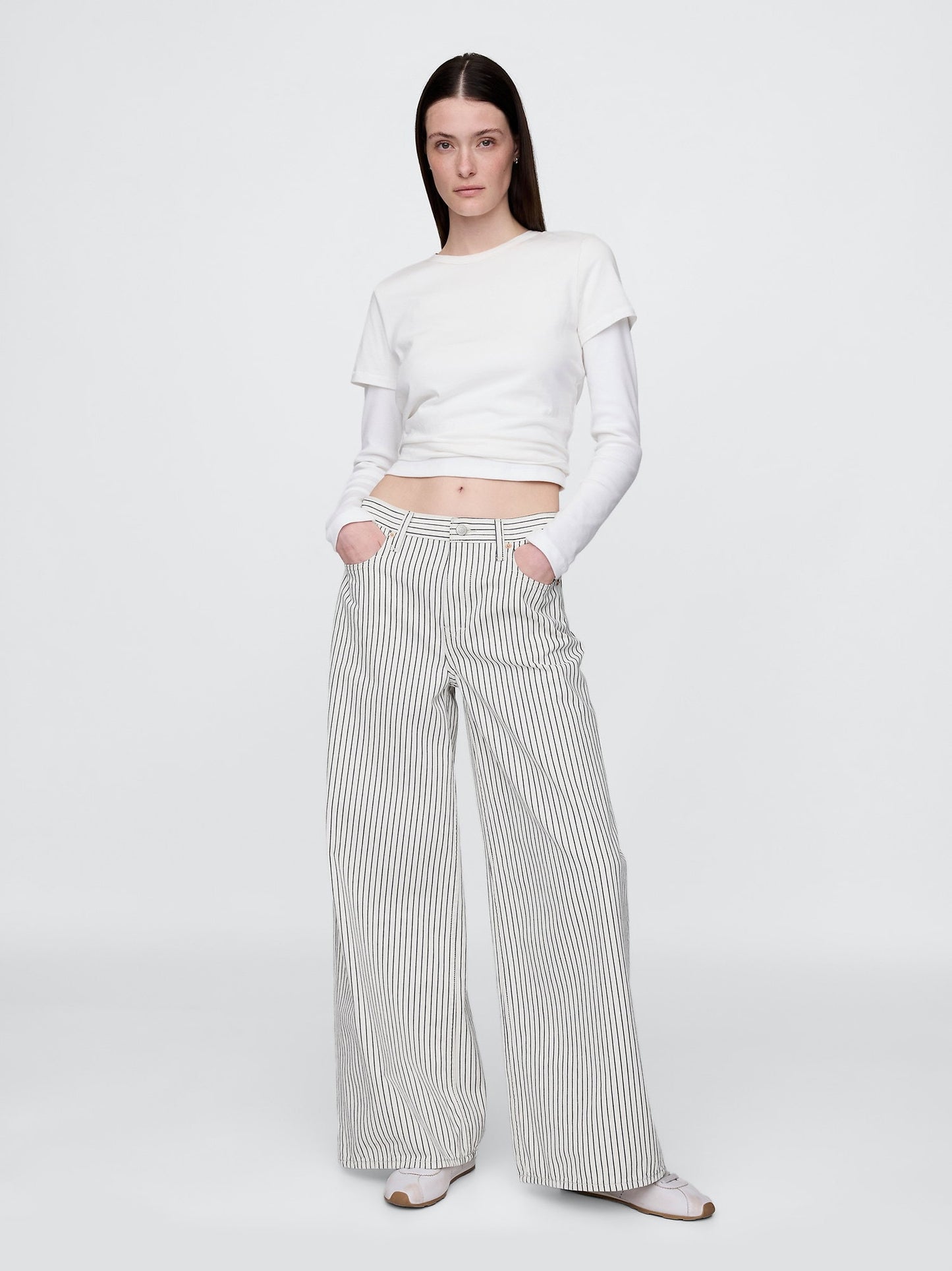 Kırık Beyaz Mid Rise Denim Çizgili Baggy Jean Pantolon