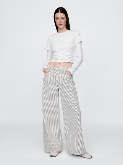 Kırık Beyaz Mid Rise Denim Çizgili Baggy Jean Pantolon