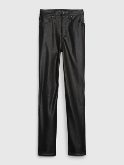 Siyah High Rise Suni Vegan Deri Vintage Slim Jean Pantolon