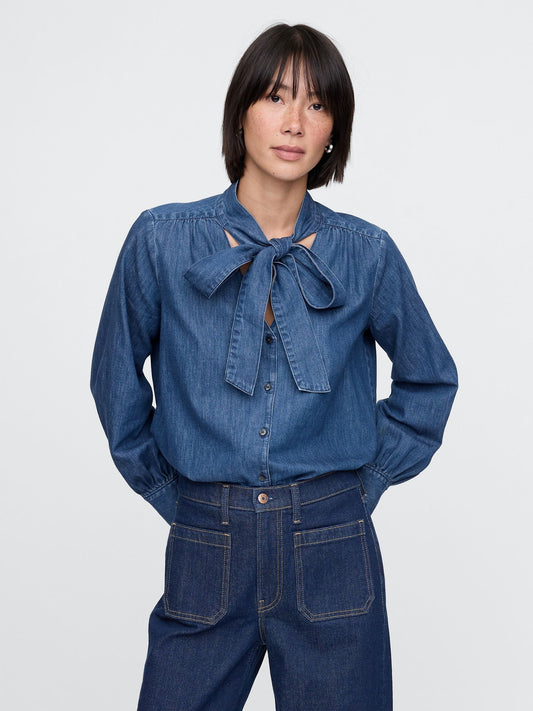Lacivert Fular Detaylı Denim Gömlek