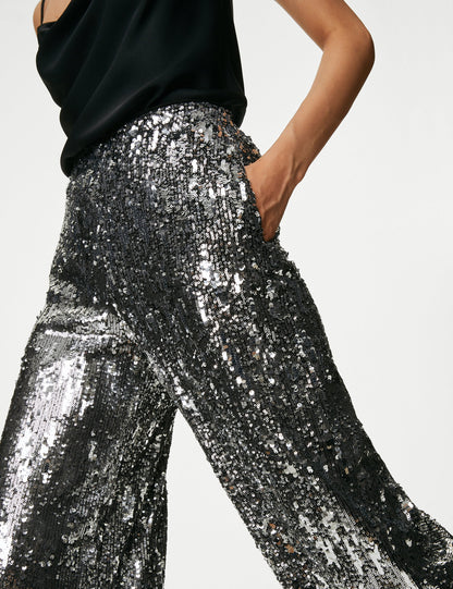 Payetli Wide Leg Pantolon