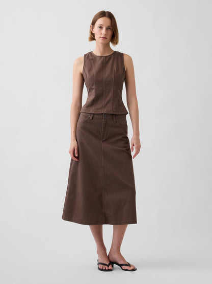 Kahverengi Twill Midi Etek