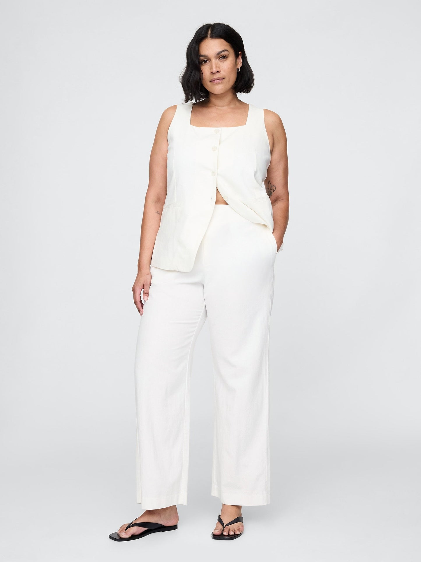 Beyaz Keten Karışımı Relaxed Straight Ankle Pantolon