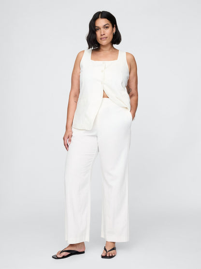 Beyaz Keten Karışımı Relaxed Straight Ankle Pantolon