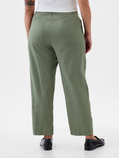 Haki High Rise Keten Karışımlı Pull-on Pantolon