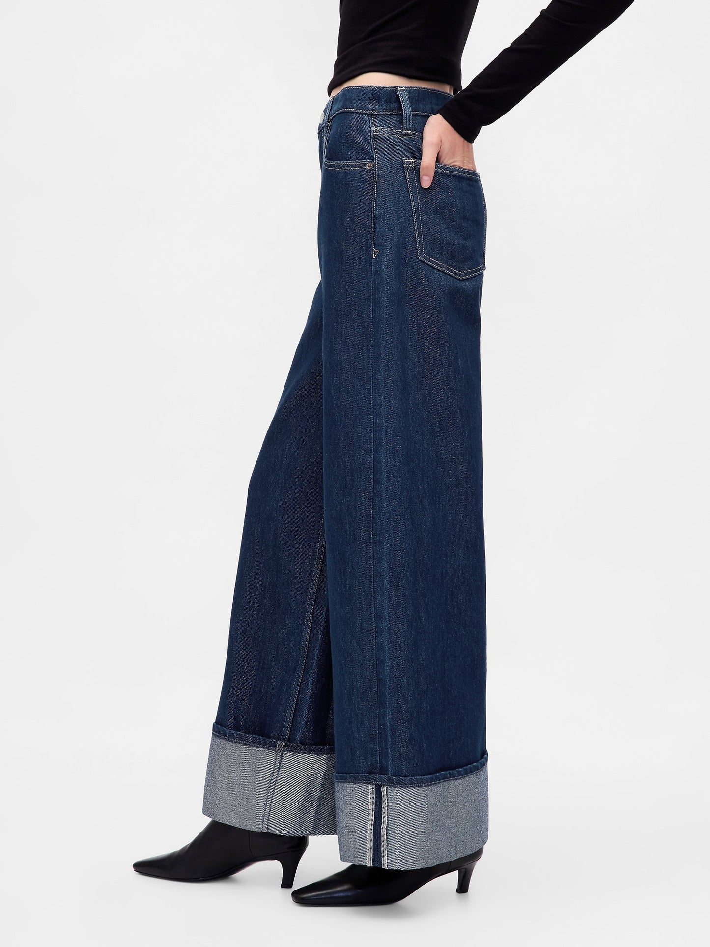 Koyu Mavi Mid Rise Metalik Cuffed Baggy Jean Pantolon