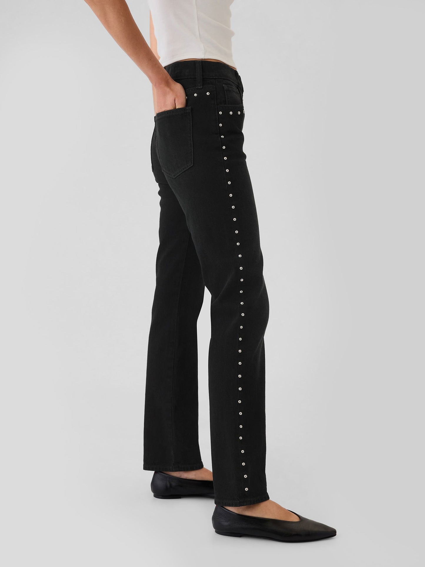 Siyah High Rise Studded '90s Straight Jean Pantolon