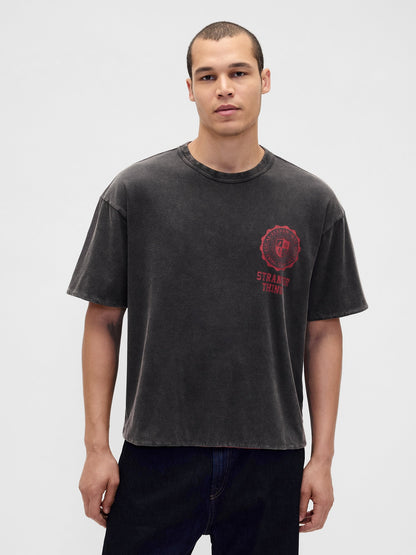 Koyu Gri Stranger Things Yetişkin Tersine Çevirilebilir Grafik T-shirt