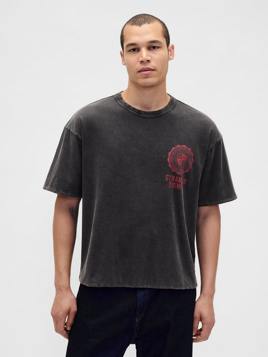 Koyu Gri Stranger Things Yetişkin Tersine Çevirilebilir Grafik T-shirt