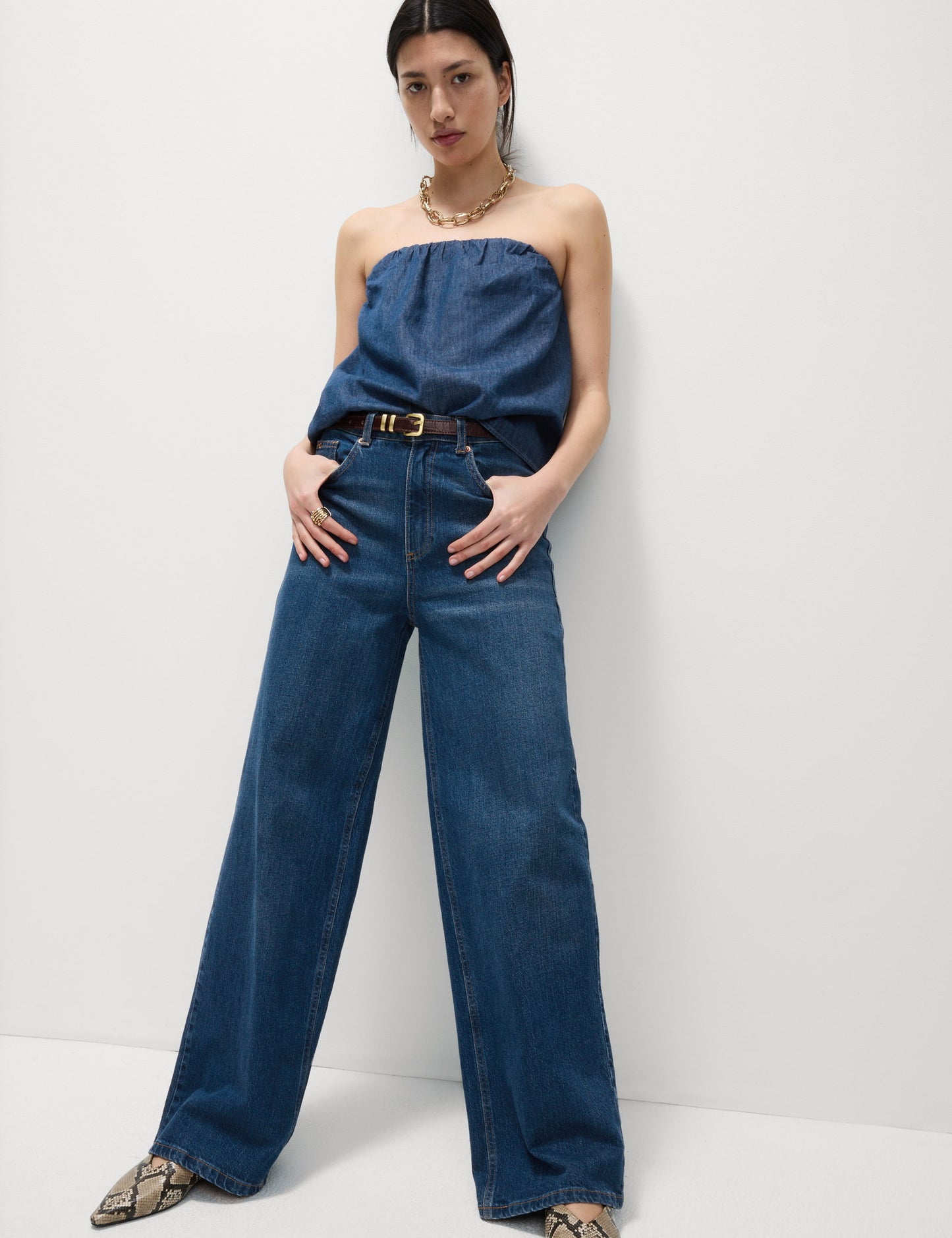 Saf Pamuklu Denim Bandeau Top