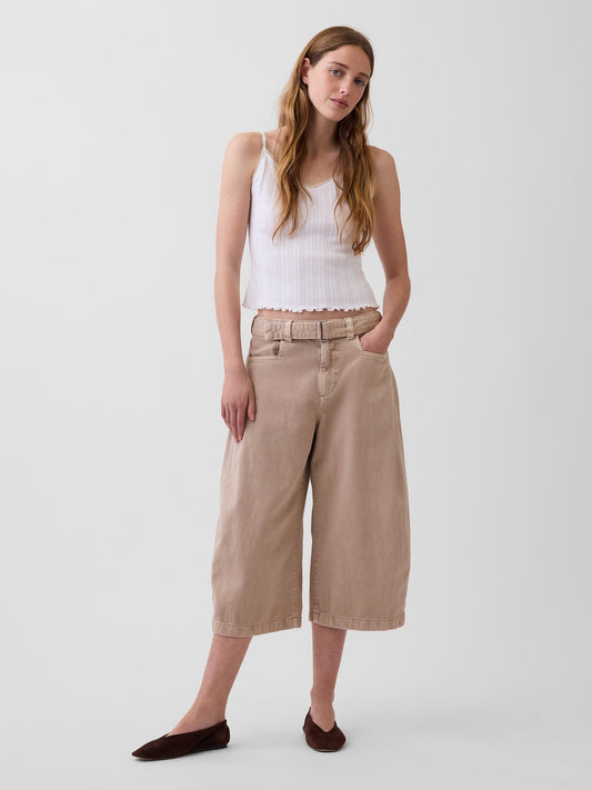 Bej Mid Rise Kemerli Culotte Barrel Pantolon